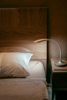 a bedroom with a bed with a lamp on a table at Apartments in Villa Olimp in Ljubljana