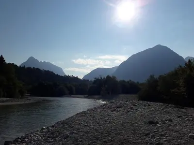 a view of a river with mountains in the background at Apartma Miko in Bovec