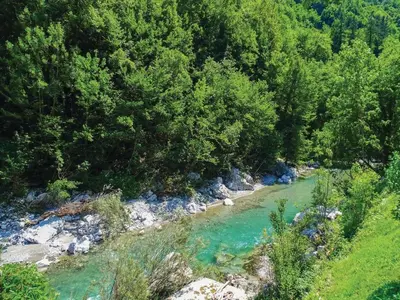 a river with blue water and trees in the background at Počitniška hiša Pri Kuštrču in Grahovo