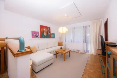 a living room with a white couch and a tv at Apartments Baki Kranjska Gora in Kranjska Gora