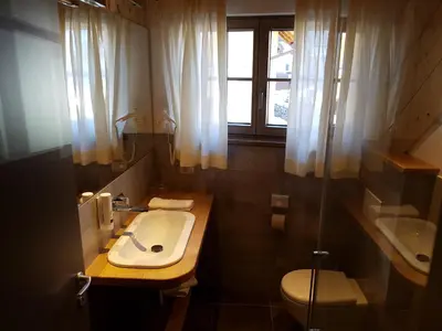 a bathroom with a sink and a toilet and a window at Hotel Vandot in Kranjska Gora