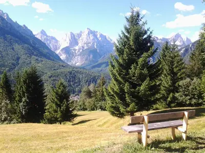 a wooden bench sitting on top of a field with mountains at Hotel Vandot in Kranjska Gora