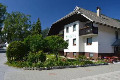 a large white building with a balcony and flowers at B&B Brezov Gaj in Kranjska Gora