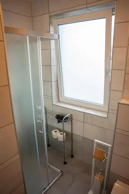 a bathroom with a shower and a window at B&B Brezov Gaj in Kranjska Gora