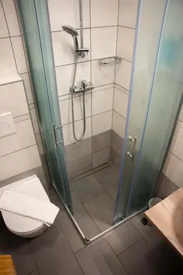 a shower stall in a bathroom with a toilet at B&B Brezov Gaj in Kranjska Gora