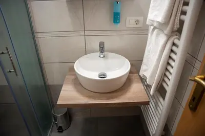 a bathroom with a white sink on a wooden counter at B&B Brezov Gaj in Kranjska Gora