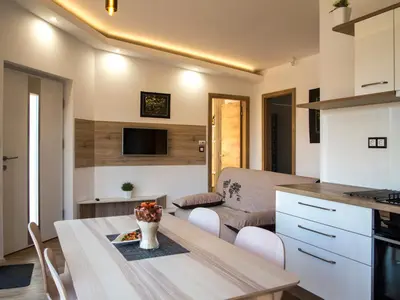 a kitchen and living room with a table and a couch at Naturasort Holiday Houses in Pesnica pri Mariboru