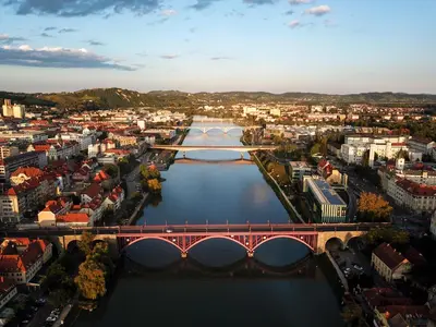 an aerial view of a bridge over a river at Naturasort Holiday Houses in Pesnica pri Mariboru