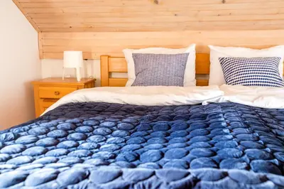 a bed with a blue blanket and two pillows at Vineyard Living in Filovci