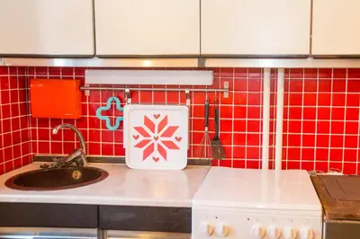 a kitchen counter with a sink and red tiles at Vineyard Living in Filovci