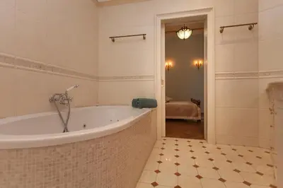 a bathroom with a bath tub in a room at Filip’s Palace Luxurious Apartment in Ljubljana