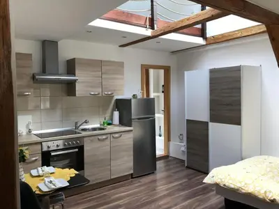 a kitchen with stainless steel appliances and wooden floors at Charming Apartments Ana in Maribor