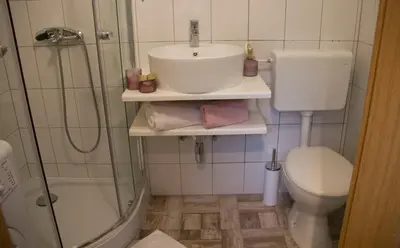 a bathroom with a sink and a toilet and a shower at Charming Apartments Ana in Maribor