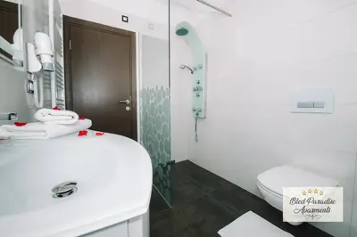 a white bathroom with a sink and a toilet at Bled Paradise Apartments in Bled