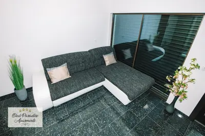 a couch in a living room with a window at Bled Paradise Apartments in Bled