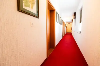 a corridor with a red carpet in a hallway at Taverna & Wine Jeruzalem in Ivanjkovci