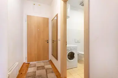 a bathroom with a washer and dryer in a room at Apartma Luna in Kranjska Gora