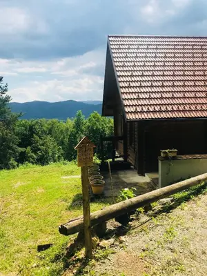 a sign in front of a building with a house at Romantic Cottage House in Žužemberk