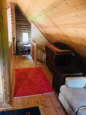 a attic room with a bed and a red rug at Romantic Cottage House in Žužemberk