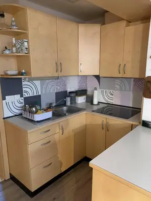 a kitchen with wooden cabinets and a sink at Skier's cave in Kranjska Gora