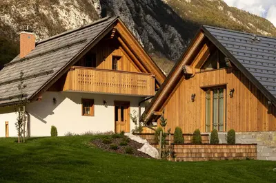 a large wooden house with a mountain in the background at PRIVILLAGE Stare - B&B in Bohinj