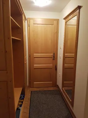 a hallway with a wooden door and a walk in closet at Apartma Lenka Kranjska Gora in Kranjska Gora