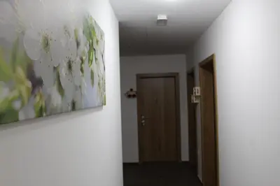 a hallway with a painting of white flowers on the wall at Vdovič Guest House in Svečina