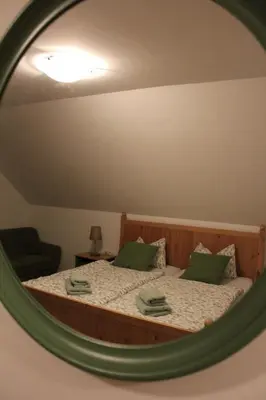 a bedroom with a bed in a mirror at Vdovič Guest House in Svečina