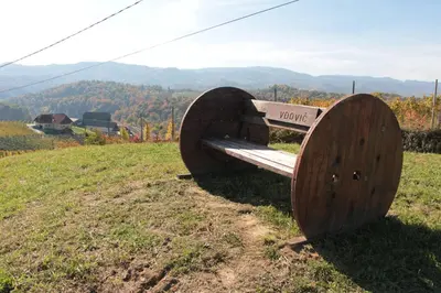 a wooden bench sitting on top of a field at Vdovič Guest House in Svečina