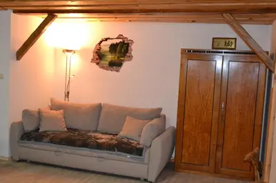 a couch in a living room with a lamp at Apartma & savna Slapnik in Luče