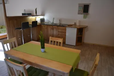 a kitchen with a table with a plant on it at Apartma & savna Slapnik in Luče