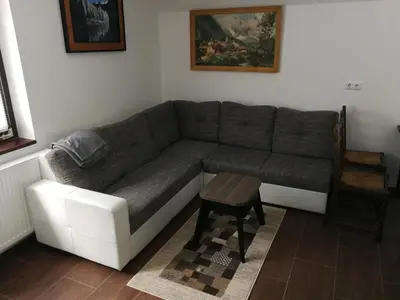 a living room with a couch and a table at Apartment KLEMEN in Bohinjska Bela