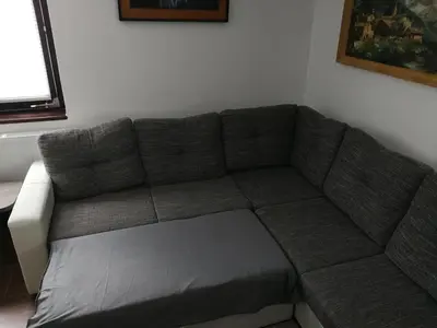 a gray couch in a living room with a window at Apartment KLEMEN in Bohinjska Bela