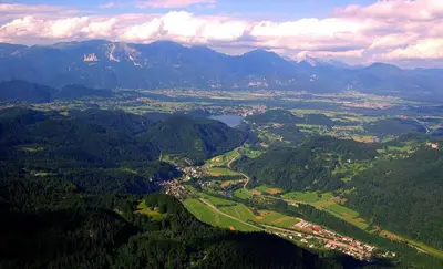 an aerial view of a valley with mountains and a lake at Apartment KLEMEN in Bohinjska Bela