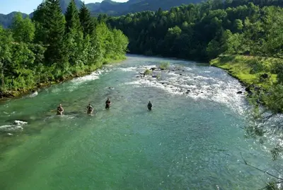 a group of people swimming in a river at Apartment KLEMEN in Bohinjska Bela