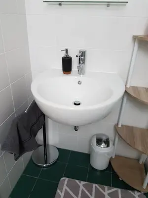 a white sink in a bathroom with a green floor at Nigritella in Kranjska Gora