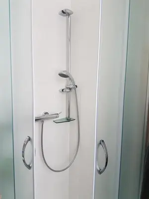 a shower in a bathroom with a glass door at Nigritella in Kranjska Gora