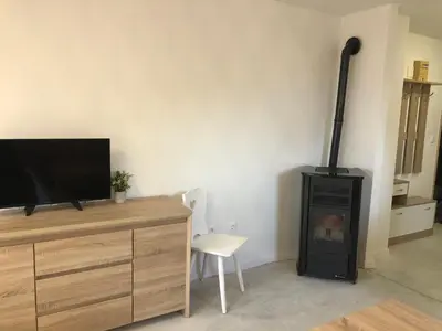 a living room with a television and a fireplace at Bovec Apartment in Bovec