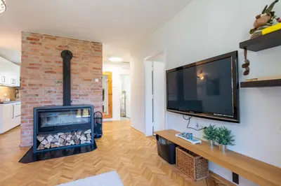 a living room with a fireplace and a flat screen tv at Apartma Peček Kranjska Gora in Kranjska Gora
