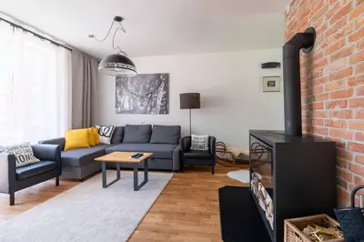 a living room with a couch and a fireplace at Apartma Peček Kranjska Gora in Kranjska Gora