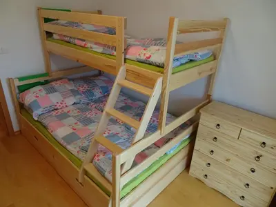 a bunk bed with a wooden ladder next to a dresser at ALPIN apartma in Bovec