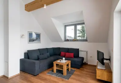 a living room with a blue couch and a tv at Apartments Sivka - Private Sauna in Cerklje na Gorenjskem