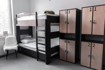 a dorm room with bunk beds and a desk at MS Sparrow Hostel in Ljubljana