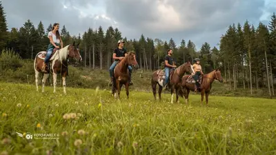 a group of people riding horses in a field at Ranch Marina in Koče