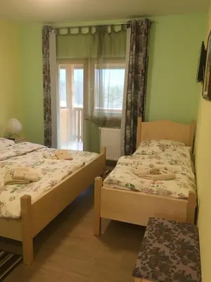 two beds in a room with a window at Ranch Marina in Koče