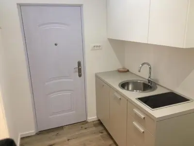 a small kitchen with a sink and a door at Apartma City & Free Parking in Ljubljana
