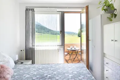 a bedroom with a bed and a large window at Mateja House - Apartments in Žirovnica in Rodine