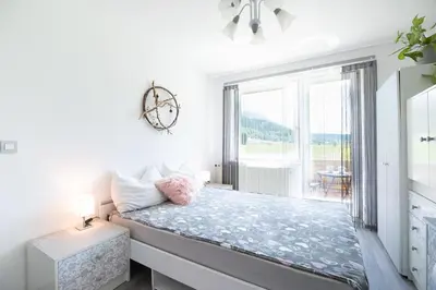 a bedroom with a bed with a large window at Mateja House - Apartments in Žirovnica in Rodine