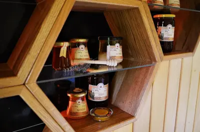 a wooden cabinet filled with bottles of honey at Sleeping with the bees Kozjak in Kobarid