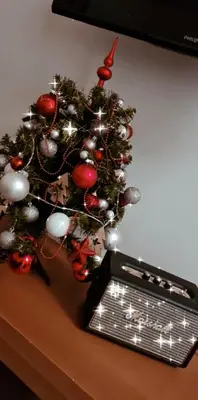 a christmas tree sitting on top of a table at Vall’s apartment- by ski slopes in Kranjska Gora